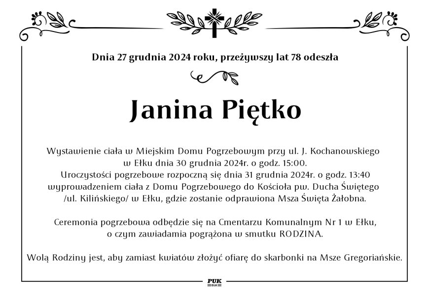 Janina Piętko - nekrolog